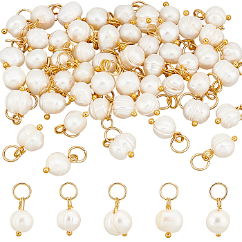 52Pcs Natural Freshwater Pearl Charms, Potato Charms, with Golden Plated 304 Stainless Steel Jump Rings, Seashell Color, 11~13x7~8.5x7~8.5mm, Hole: 4.6mm