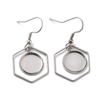 201 Stainless Steel Earring Hooks, with Hexagon Blank Pendant Trays, Flat Round Setting for Cabochon, Stainless Steel Color, 38mm, 22 Gauge, Pin: 0.6mm