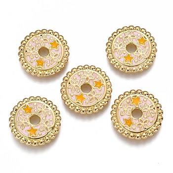 Brass Enamel Beads, Flat Round with Star & Yellow Star, Real 18K Gold Plated, Pink, 15.6x2mm, Hole: 2.7mm