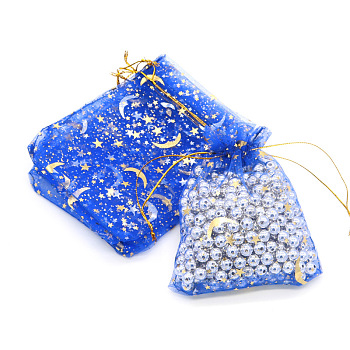 Hot Stamping Rectangle Organza Drawstring Gift Bags, Storage Bags with Moon and Star Print, Blue, 9x7cm
