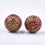 Plating Acrylic Beads, Metal Enlaced, Round with Flower, Red, 13.5~14mm, Hole: 1.5mm, about 325pcs/500g(PACR-S219-21A)