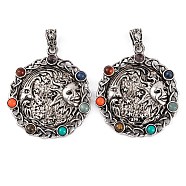 Chakra Natural Tiger Eye & Natural Lapis Lazuli & Natural Carnelian & Synthetic Turquoise & Glass Pendants, Rack Plating Moon & Sun Alloy Charms, Long-Lasting Plated, Lead Free & Cadmium Free, Antique Silver, 45x39x5mm, Hole: 6x4mm(G-NH0025-01AS)