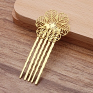 Brass Hair Comb Findings, with Filigree Flower, Golden, 62x30mm(OHAR-PW0001-425G)