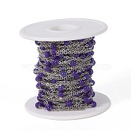 304 Stainless Steel Handmade Beaded Chains, with Glass, with Spool, Stainless Steel Color, Purple, 7~7.5x4~5mm, about 32.8 Feet(10m)/roll(CHS-P004-C10-P)