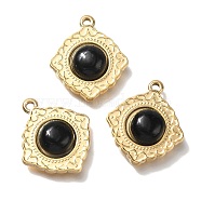 Natural Black Onyx(Dyed & Heated) Pendants, Ion Plating(IP) 304 Stainless Steel Rhombus Charms, Real 18K Gold Plated, 20x18x6mm, Hole: 1.5mm(STAS-P371-009B-G)