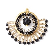 Natural Black Onyx(Dyed & Heated) & Glass Seed Beads Fan Pendants, Boho Charms with Brass Findings, Golden, 37x43x8mm, Hole: 1.4mm(PALLOY-MZ00308-01)