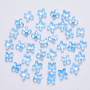 Transparent Spray Painted Glass Beads, with Glitter Powder, Clover, Light Sky Blue, 8x8x3mm, Hole: 0.9mm(GLAA-R211-06-C01)