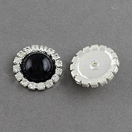 Dome/Half Round Brass ABS Plastic Imitation Pearl Shank Buttons, with Grade A Crystal Rhinestones, 1-Hole, Silver Color Plated Metal Color, Black, 16x5mm, Hole: 1mm(RB-S020-03-D06)