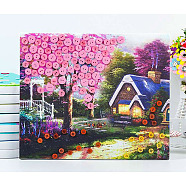Creative DIY Tree & House Pattern Resin Button Art, with Canvas Painting Paper and Wood Frame, Educational Craft Painting Sticky Toys for Kids, Pink, 30x25x1.3cm(DIY-Z007-37)