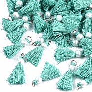 Polycotton(Polyester Cotton) Tassel Pendant Decorations, Mini Tassel, with Golden Tone Iron Findings and ABS Plastic Imitation Pearl, Dark Turquoise, 23mm, Jump ring: 5x0.8mm, 3.4mm inner diameter(FIND-T052-13E)