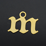 201 Stainless Steel Charms, Laser Cut, Letter, Golden, Letter.M, M:7x9x1mm, Hole: 1.2mm(STAS-S105-JA570-M)