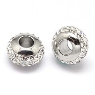 Rondelle 304 Stainless Steel Polymer Clay Rhinestone European Beads, with Double Side Platinum Color Core, Stainless Steel Color, Crystal, 10x6mm, Hole: 4mm(GPDL-P003-04)