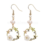 Dangle Earrings, with Brass Earring Hooks, Natural Pearl Beads, Alloy Enamel Pendants, Acrylic and Rhinestone, Ring with Flower and Bee, Golden, Colorful, 50mm, Pin: 0.6mm(X-EJEW-JE04286)