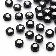 Handmade Lampwork Beads, with Platinum Plated Brass Embellishments, Flat Round with Heart, Black, 8x5mm, Hole: 0.8mm(LAMP-N030-001-04)
