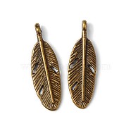 Antique Bronze Plated Feather Shape Zinc Alloy Charms Pendants Fit Jewelry Necklace Findings DIY, Lead Free & Cadmium Free & Nickel Free, about 9mm wide, 30mm high, 2mm thick, hole: 2mm(X-MLF0087Y-NF)