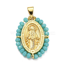 Brass with Glass Pendants, Cadmium Free & Lead Free, Real 18K Gold Plated, Oval with Virgin Mary Pattern, Medium Turquoise, 25~26x19~19.5x3~3.5mm, Hole: 3x3.5mm(KK-G472-04G-02)