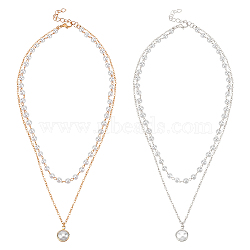 2Pcs 2 Colors Plastic Imitation Pearl Pendants Double Layer Necklaces Set, Alloy Jewelry for Women, Platinum & Light Gold, 15.12 inch(38.4cm), 1Pc/color(NJEW-AN0001-11)