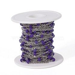 304 Stainless Steel Handmade Beaded Chains, with Glass, with Spool, Stainless Steel Color, Purple, 7~7.5x4~5mm, about 32.8 Feet(10m)/roll(CHS-P004-C10-P)