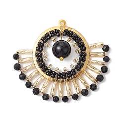 Natural Black Onyx(Dyed & Heated) & Glass Seed Beads Fan Pendants, Boho Charms with Brass Findings, Golden, 37x43x8mm, Hole: 1.4mm(PALLOY-MZ00308-01)