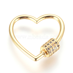 Brass Micro Pave Cubic Zirconia Screw Carabiner Lock Charms, for Necklaces Making, Heart, Clear, Golden, 23x23x2~5.5mm(ZIRC-F105-16G)