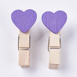 Wooden Craft Pegs Clips, Heart, Spray Paint, Clothespins, Paper Note Photo Holder, Lilac, 37~40x17~18x11~13mm, 10pcs/bag(WOOD-WH0005-B10)