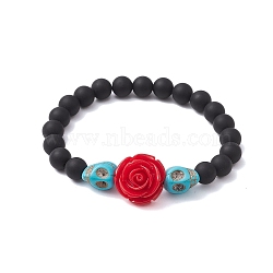 Resin and Synthetic Turquoise Bracelets, Black Agate Bracelets, Halloween Skull & Flower, Light Blue, Inner Diameter: 2-1/2 inch(6.2cm)(BJEW-JB10755-02)