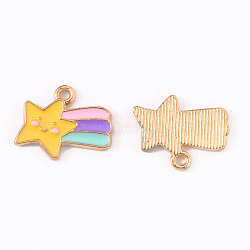 Alloy Enamel Pendants, Smiling Face Meteor with Rainbow, Light Gold, Yellow, 14x17x1.5mm, Hole: 1.6mm(ENAM-R136-06)