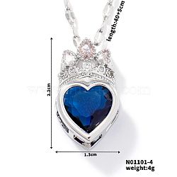 Fashionable Brass Cubic Zirconia Crown Heart-Shaped Pendant Dapped Chain Necklaces for Women, Platinum, Blue, 15.75 inch(40cm)(SM2288-2)