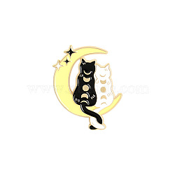 Cat with Moon Enamel Pin, Light Gold Plated Alloy Badge for Backpack Clothes, Champagne Yellow, 30x22mm(MOST-PW0001-046C)