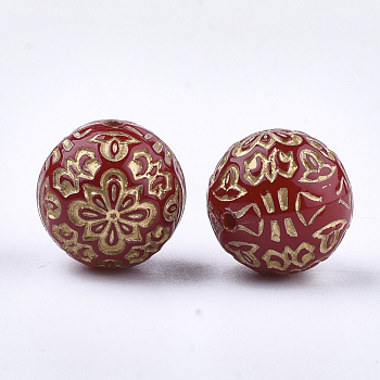Plating Acrylic Beads, Metal Enlaced, Round with Flower, Red, 13.5~14mm, Hole: 1.5mm, about 325pcs/500g
