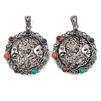 Chakra Natural Tiger Eye & Natural Lapis Lazuli & Natural Carnelian & Synthetic Turquoise & Glass Pendants, Rack Plating Moon & Sun Alloy Charms, Long-Lasting Plated, Lead Free & Cadmium Free, Antique Silver, 45x39x5mm, Hole: 6x4mm