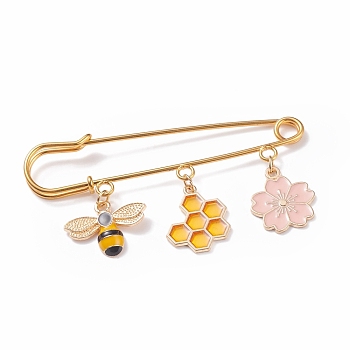 Bees Beehive Flower Enamel Charm Safety Brooch Pin, Iron Lapel Pin for Clothes Scarf, Golden, Colorful, 40x77x5mm