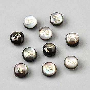 10Pcs 10 Styles Natural Black Lip Shell Flat Round Beads, with Gold Epoxy Resin Slices, Number 0~9, 8.5x5mm, Hole: 0.9mm, 1pc/style