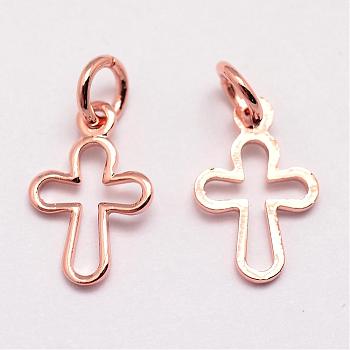 Brass Tiny Cross Charms, Cadmium Free & Nickel Free & Lead Free, Real Rose Gold Plated, 12x8x1mm, Hole: 3mm