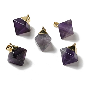 Natural Amethyst Pendants, with Golden Tone Brass Findings, Rhoumbus, 24~26x21~23x16~17mm, Hole: 4.5x8mm