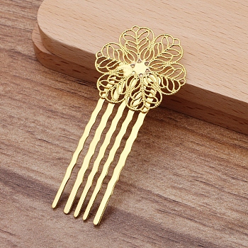Brass Hair Comb Findings, with Filigree Flower, Golden, 62x30mm