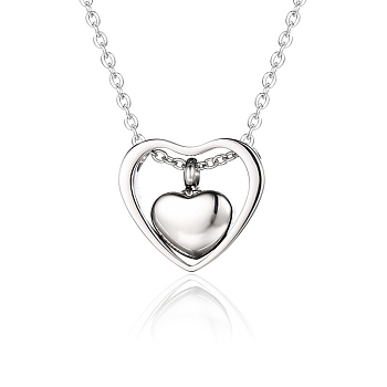 Stainless Steel Pendant Necklaces, Heart Urn Ashes Necklaces, Stainless Steel Color, 16.14~19.69 inch(41~50cm)