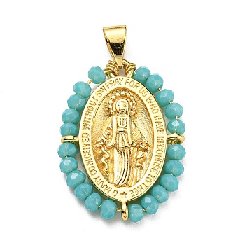 Brass with Glass Pendants, Cadmium Free & Lead Free, Real 18K Gold Plated, Oval with Virgin Mary Pattern, Medium Turquoise, 25~26x19~19.5x3~3.5mm, Hole: 3x3.5mm