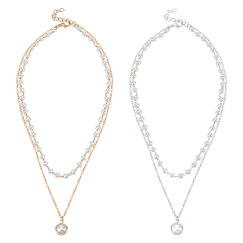 2Pcs 2 Colors Plastic Imitation Pearl Pendants Double Layer Necklaces Set, Alloy Jewelry for Women, Platinum & Light Gold, 15.12 inch(38.4cm), 1Pc/color