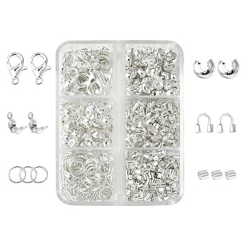 DIY Jewelry Making Finding Kit, Including Iron Jump Rings, Clasps, Crimp Beads, Bead Tips, Brass Wire Guardian, Silver, 740Pcs/box