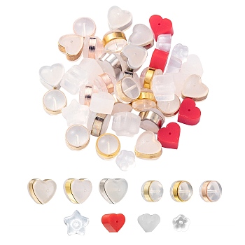40Pcs Silicone & Resin Ear Nuts, Earring Backs, with Brass Findings, Heart & Star & Round, Mixed Color, 40pcs/box