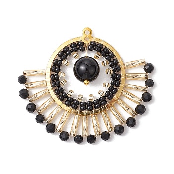 Natural Black Onyx(Dyed & Heated) & Glass Seed Beads Fan Pendants, Boho Charms with Brass Findings, Golden, 37x43x8mm, Hole: 1.4mm