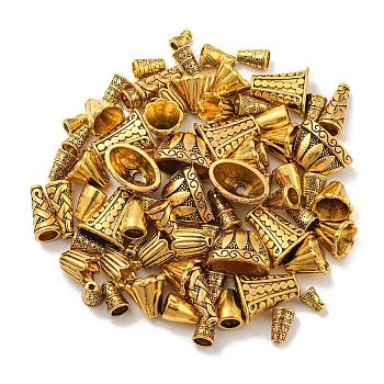 72pcs 10 style Tibetan Style Alloy Bead Cap & Cone, Antique Golden, 8~13x7~20x7~12mm, Hole: 1~2.5mm, 7pcs/style