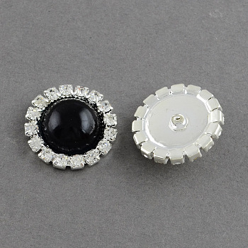 Dome/Half Round Brass ABS Plastic Imitation Pearl Shank Buttons, with Grade A Crystal Rhinestones, 1-Hole, Silver Color Plated Metal Color, Black, 16x5mm, Hole: 1mm