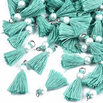 Polycotton(Polyester Cotton) Tassel Pendant Decorations, Mini Tassel, with Golden Tone Iron Findings and ABS Plastic Imitation Pearl, Dark Turquoise, 23mm, Jump ring: 5x0.8mm, 3.4mm inner diameter