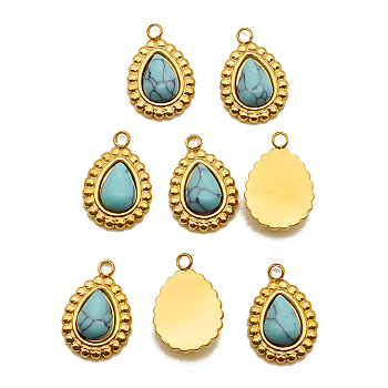 201 Stainless Steel Charms, with Synthetic Turquoise, Teardrop, Golden, 13.5x9.5x3.5mm, Hole: 1.4mm