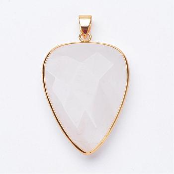 Faceted Natural Quartz Crystal Pendants, Rock Crystal Pendants, with Golden Tone Brass Findings, teardrop, 40x27x7~9mm, Hole: 4x5mm