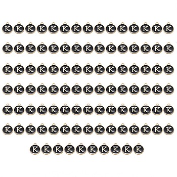 Golden Plated Enamel Alloy Charms, Enamelled Sequins, Flat Round, Black, Letter.K, 14x12x2mm, Hole: 1.5mm, 100pcs/Box