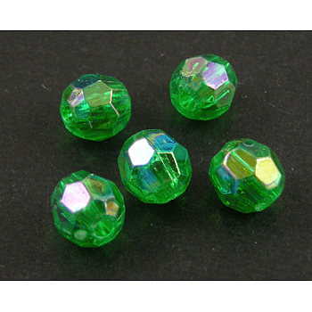 Eco-Friendly Transparent Acrylic Beads, Faceted, Round, AB Color, Green, 8mm, Hole: 1.5mm, about 2000pcs/500g