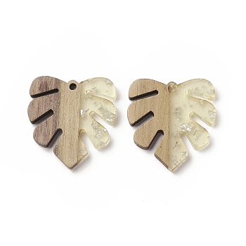 Transparent Resin & Walnut Wood Pendants, Tropical Leaf Charms, with Silver Foil, Waxed, Monstera Leaf, Pale Goldenrod, 30x28x3mm, Hole: 2.5mm